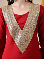 Myshka Red Silk Blend Straight Round Neck Long Sleeves Kurta Trousers Set | Grocsy