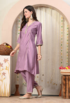 Myshka Lavender Silk Blend Straight Round Neck Three-Quarter Sleeves Kurta Trousers Set | Grocsy