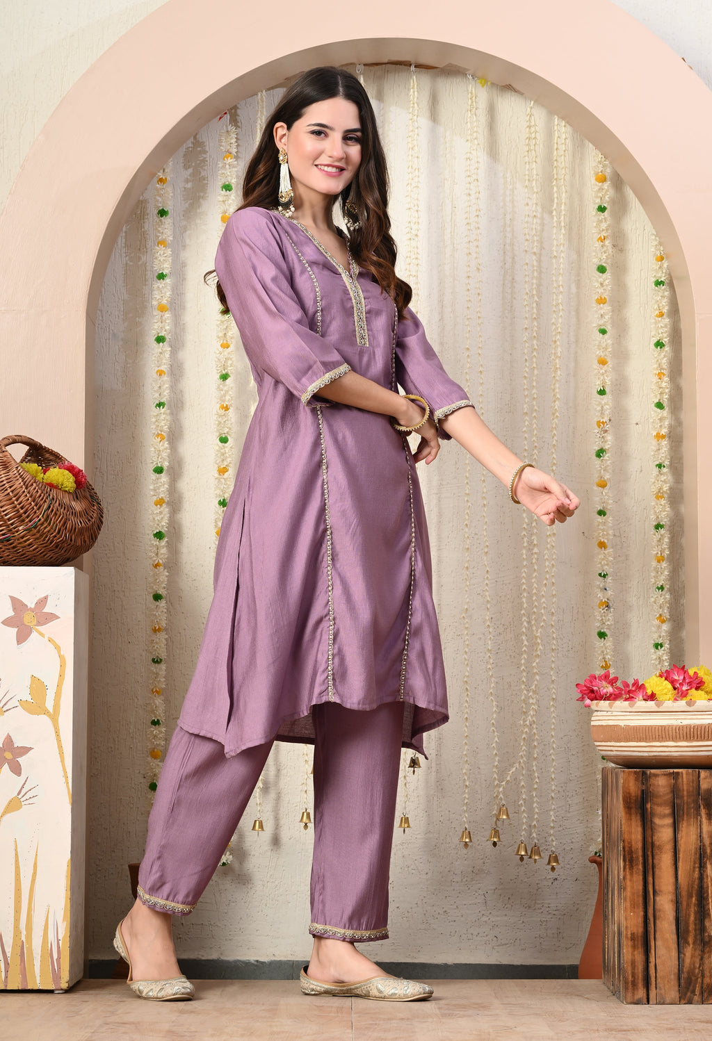Myshka Lavender Silk Blend Straight Round Neck Three-Quarter Sleeves Kurta Trousers Set | Grocsy