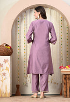 Myshka Lavender Silk Blend Straight Round Neck Three-Quarter Sleeves Kurta Trousers Set | Grocsy