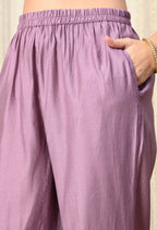 Myshka Lavender Silk Blend Straight Round Neck Three-Quarter Sleeves Kurta Trousers Set | Grocsy