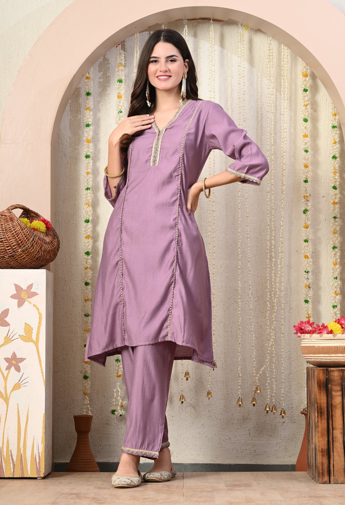 Myshka Lavender Silk Blend Straight Round Neck Three-Quarter Sleeves Kurta Trousers Set | Grocsy