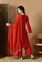 Myshka Red Silk Blend Straight Round Neck Long Sleeves Kurta Trousers With Dupatta | Grocsy