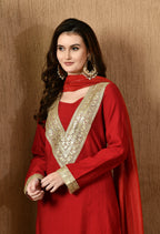 Myshka Red Silk Blend Straight Round Neck Long Sleeves Kurta Trousers With Dupatta | Grocsy
