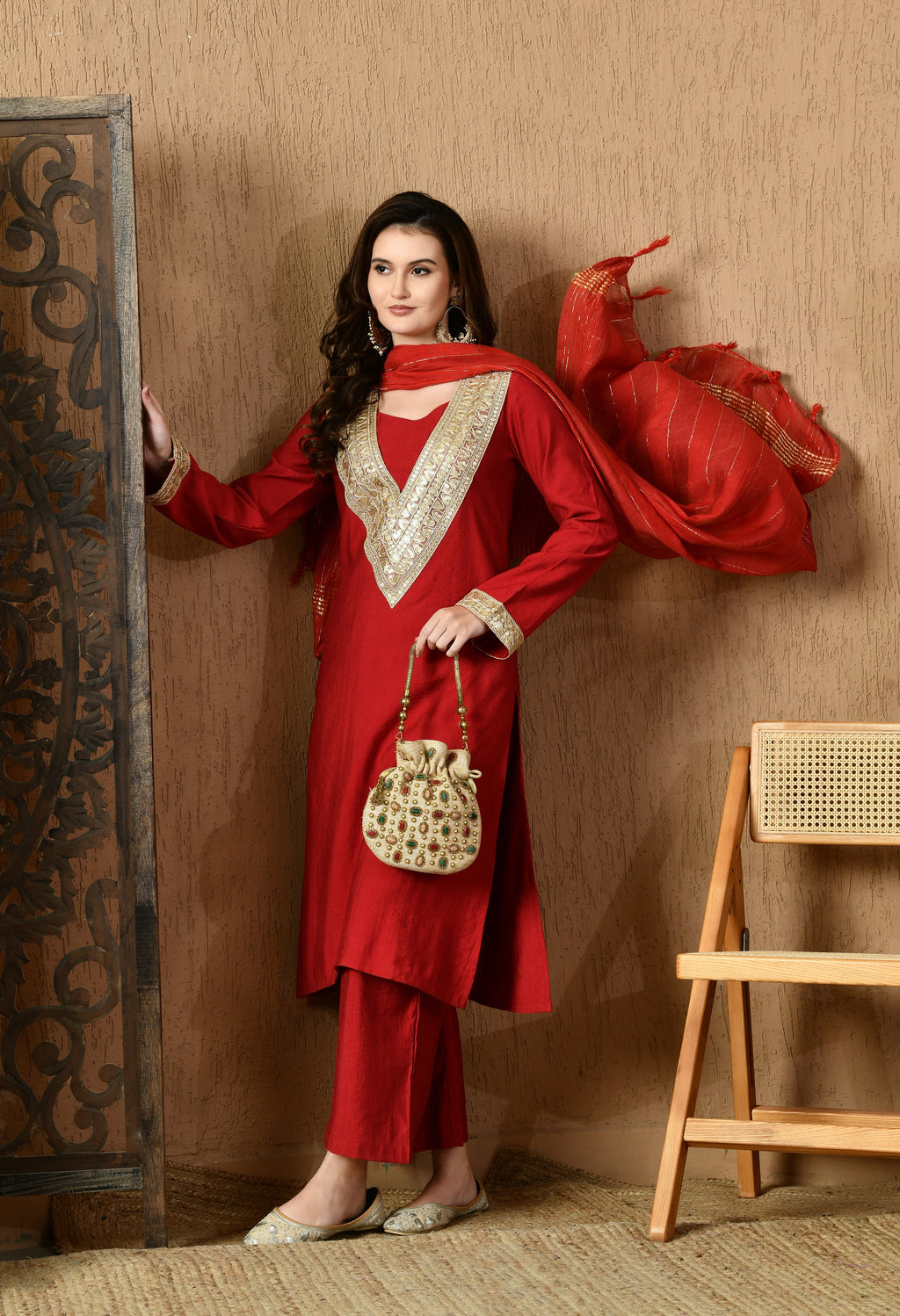 Myshka Red Silk Blend Straight Round Neck Long Sleeves Kurta Trousers With Dupatta | Grocsy