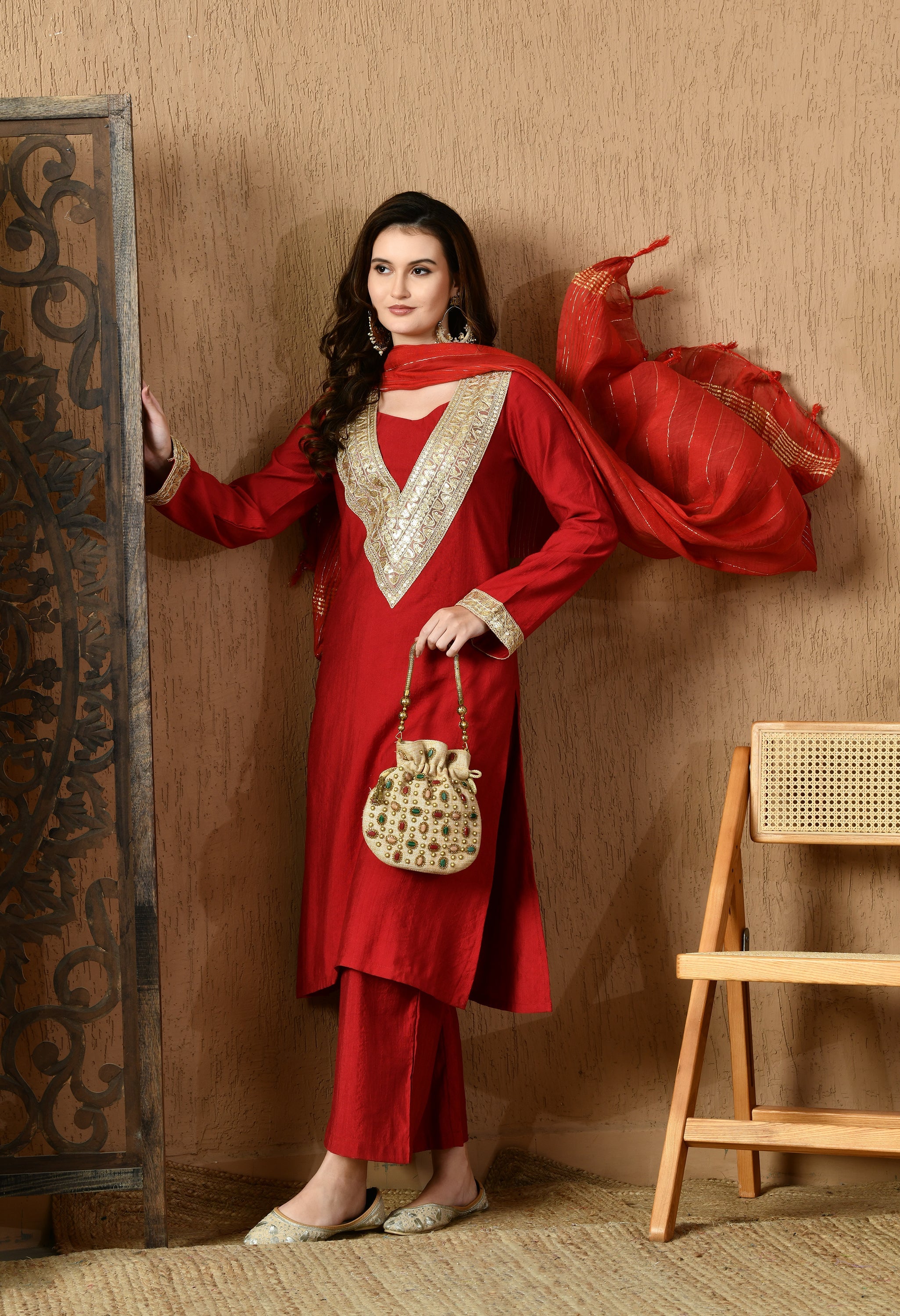Myshka Red Silk Blend Straight Round Neck Long Sleeves Kurta Trousers With Dupatta | Grocsy