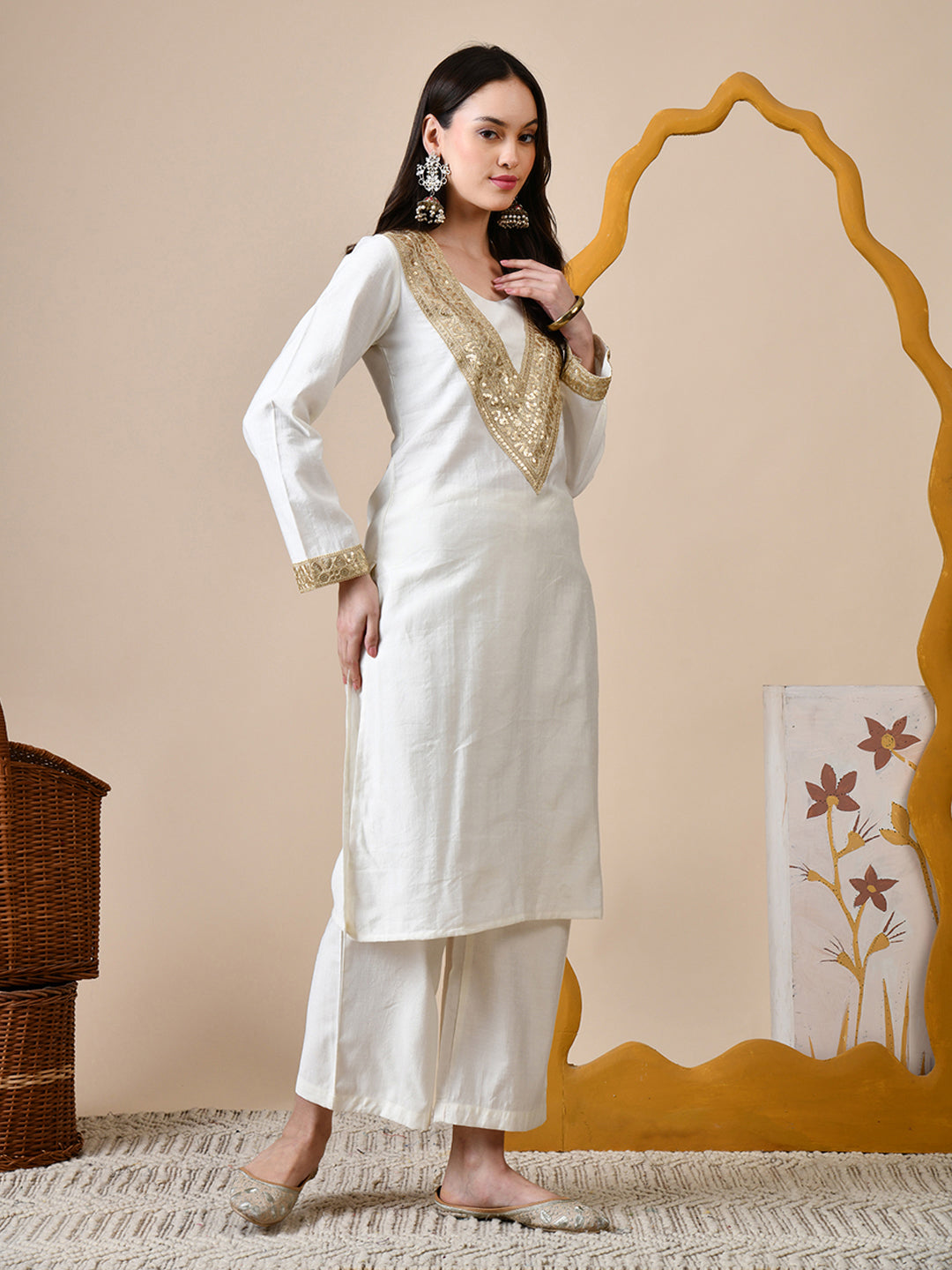 Myshka White Silk Blend Straight Round Neck Long Sleeves Kurta Trousers Set | Grocsy