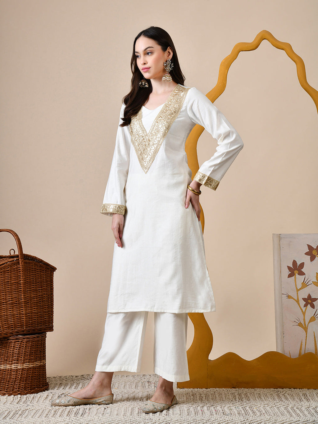 Myshka White Silk Blend Straight Round Neck Long Sleeves Kurta Trousers Set | Grocsy
