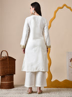 Myshka White Silk Blend Straight Round Neck Long Sleeves Kurta Trousers Set | Grocsy