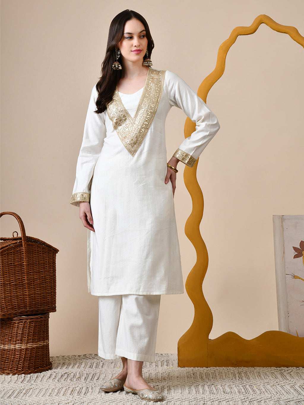 Myshka White Silk Blend Straight Round Neck Long Sleeves Kurta Trousers Set | Grocsy