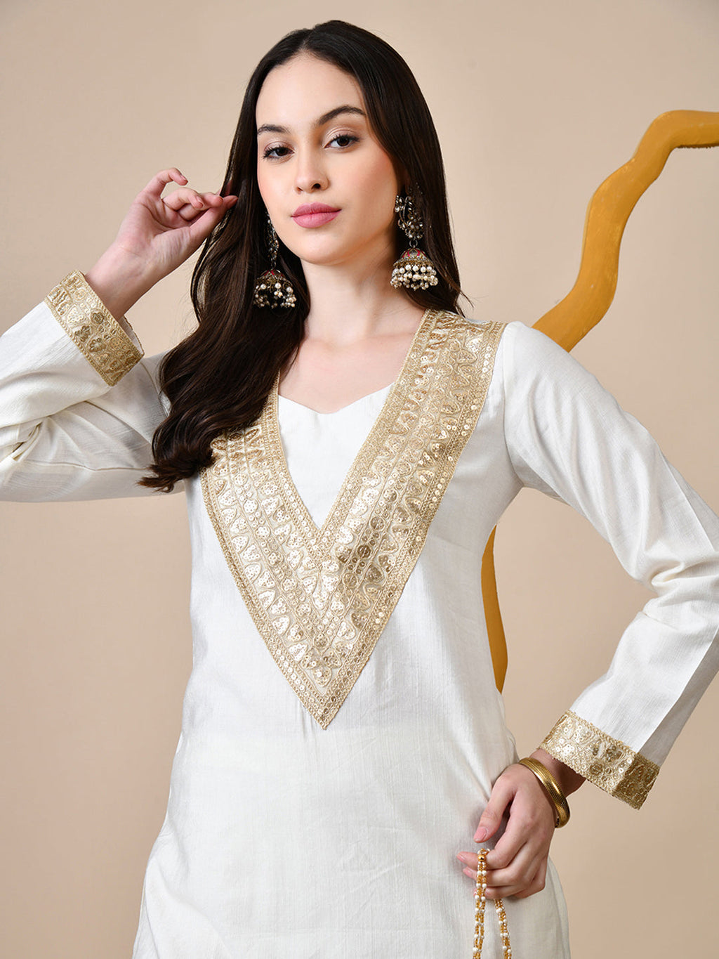 Myshka White Silk Blend Straight Round Neck Long Sleeves Kurta Trousers Set | Grocsy