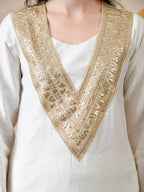 Myshka White Silk Blend Straight Round Neck Long Sleeves Kurta Trousers Set | Grocsy