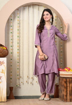 Myshka Lavender Silk Blend Straight Round Neck Three-Quarter Sleeves Kurta Trousers Set | Grocsy