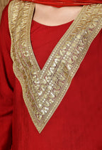Myshka Red Silk Blend Straight Round Neck Long Sleeves Kurta Trousers With Dupatta | Grocsy