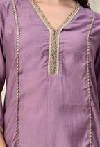 Myshka Lavender Silk Blend Straight Round Neck Three-Quarter Sleeves Kurta Trousers Set | Grocsy