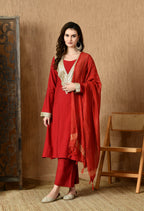 Myshka Red Silk Blend Straight Round Neck Long Sleeves Kurta Trousers With Dupatta | Grocsy
