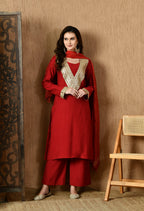 Myshka Red Silk Blend Straight Round Neck Long Sleeves Kurta Trousers With Dupatta | Grocsy