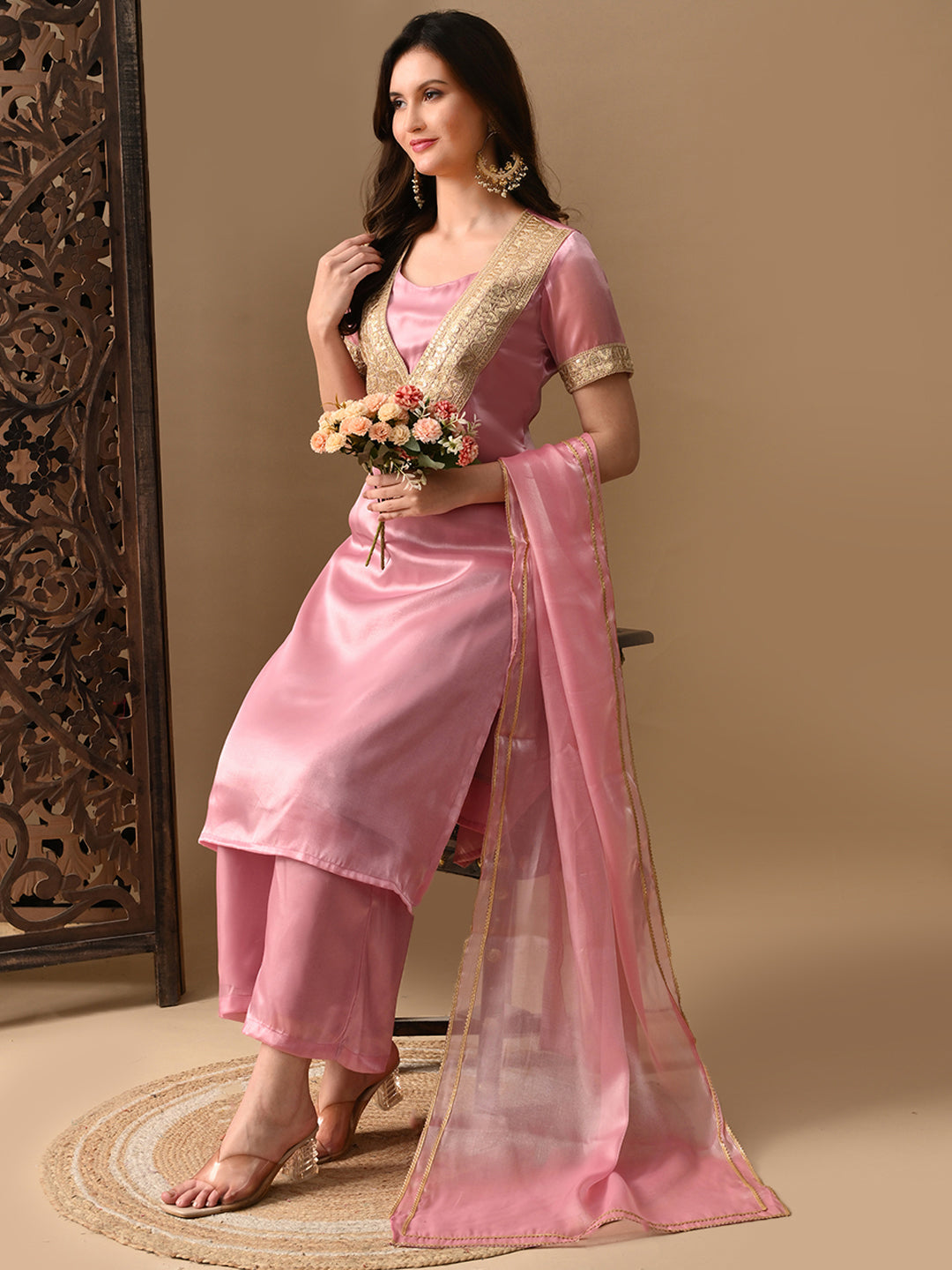 Myshka Pink Silk Blend Straight Round Neck Short Sleeves Kurta Trousers With Dupatta | Grocsy