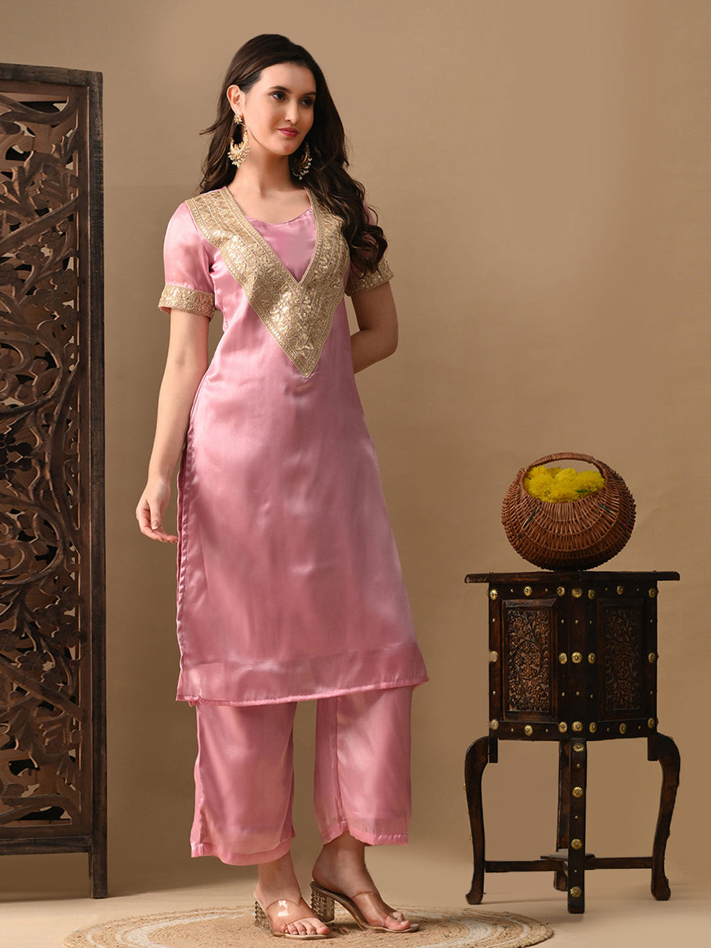 Myshka Pink Silk Blend Straight Round Neck Short Sleeves Kurta Trousers With Dupatta | Grocsy