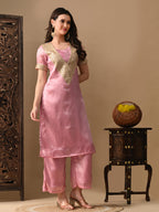 Myshka Pink Silk Blend Straight Round Neck Short Sleeves Kurta Trousers With Dupatta | Grocsy