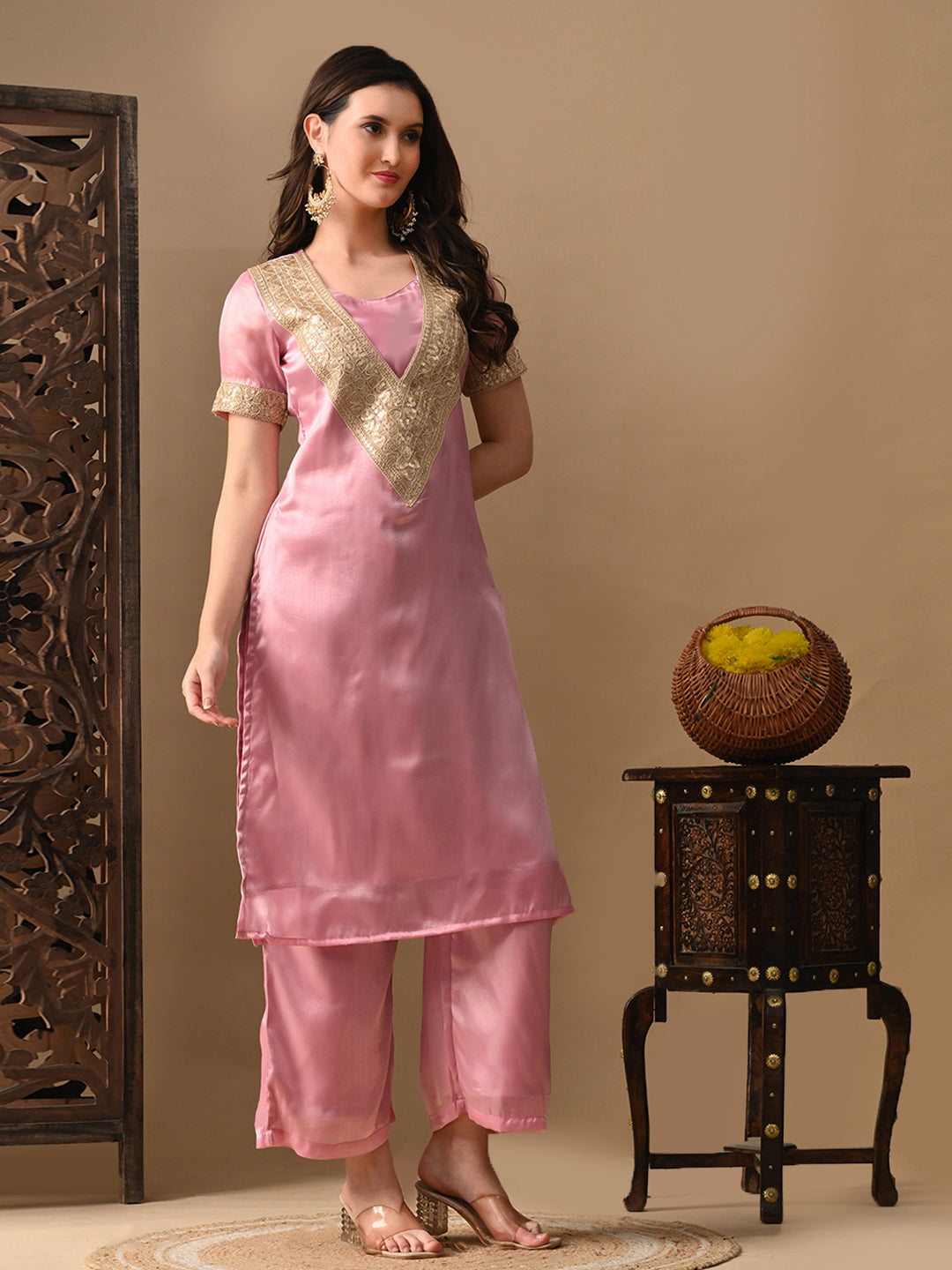 Myshka Pink Silk Blend Straight Round Neck Short Sleeves Kurta Trousers With Dupatta | Grocsy