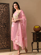 Myshka Pink Silk Blend Straight Round Neck Short Sleeves Kurta Trousers With Dupatta | Grocsy