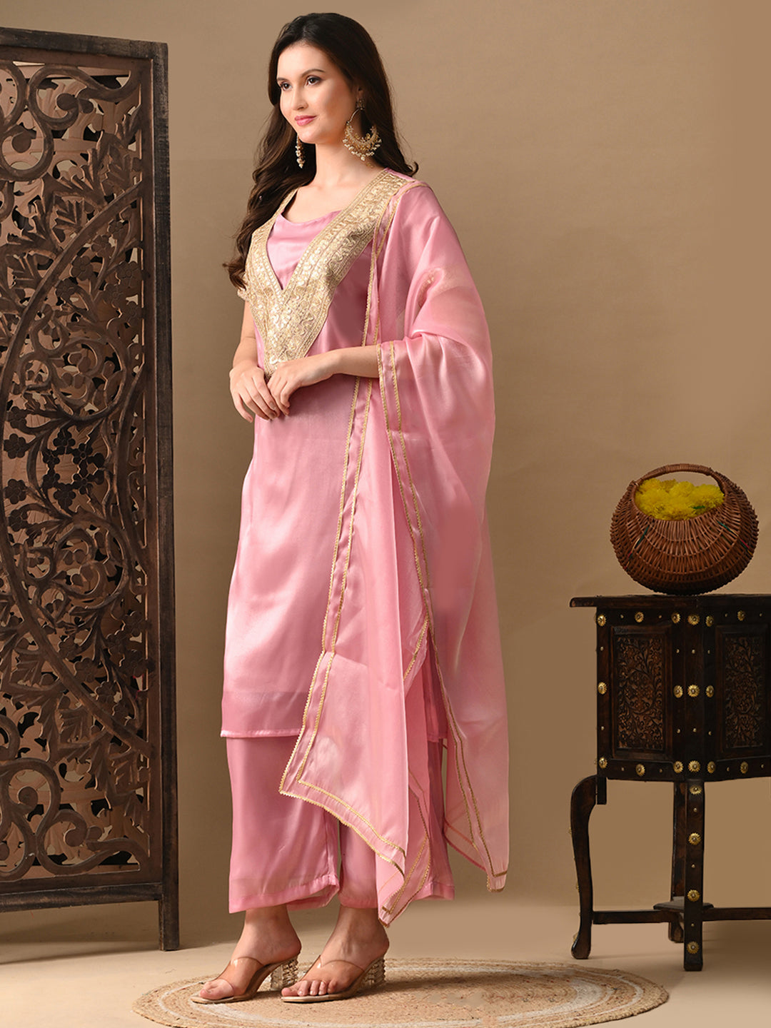 Myshka Pink Silk Blend Straight Round Neck Short Sleeves Kurta Trousers With Dupatta | Grocsy