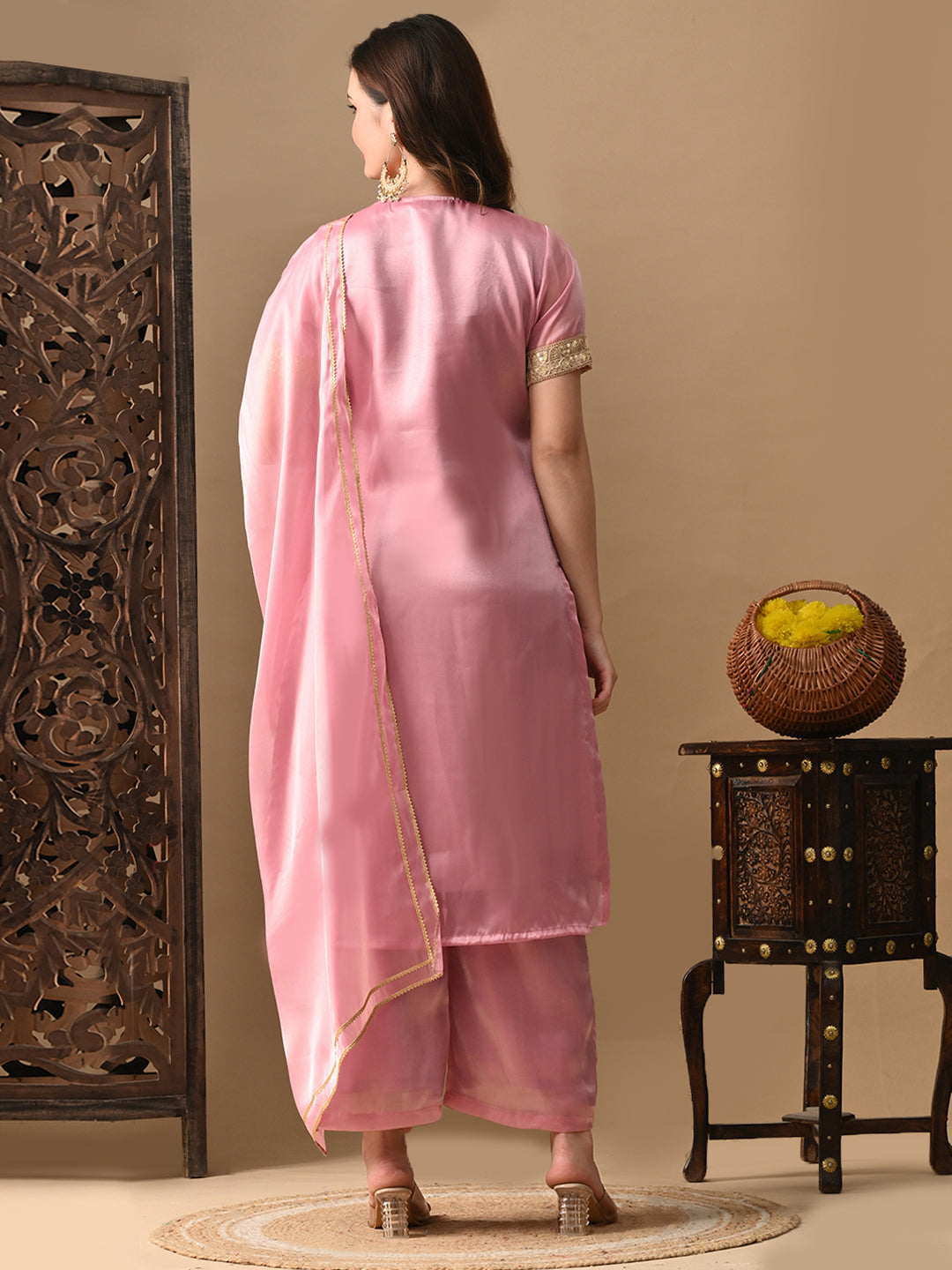 Myshka Pink Silk Blend Straight Round Neck Short Sleeves Kurta Trousers With Dupatta | Grocsy