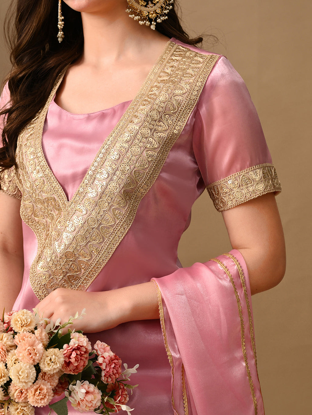 Myshka Pink Silk Blend Straight Round Neck Short Sleeves Kurta Trousers With Dupatta | Grocsy
