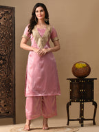 Myshka Pink Silk Blend Straight Round Neck Short Sleeves Kurta Trousers With Dupatta | Grocsy