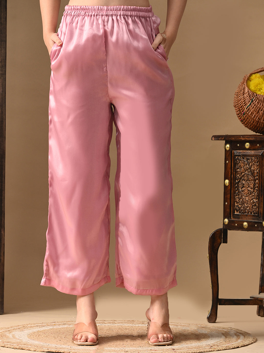 Myshka Pink Silk Blend Straight Round Neck Short Sleeves Kurta Trousers With Dupatta | Grocsy
