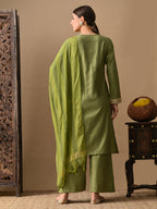 Myshka Green Silk Blend Straight Round Neck Long Sleeves Kurta Trousers With Dupatta | Grocsy