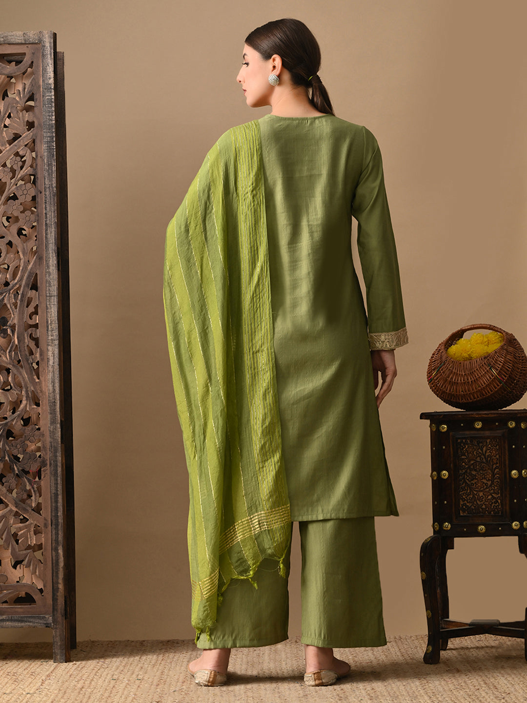 Myshka Green Silk Blend Straight Round Neck Long Sleeves Kurta Trousers With Dupatta | Grocsy