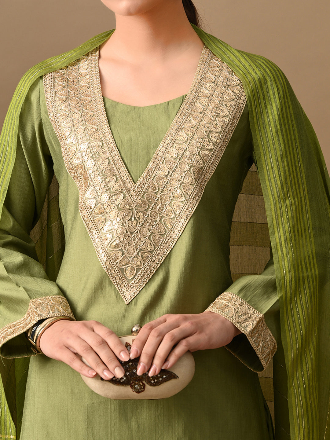 Myshka Green Silk Blend Straight Round Neck Long Sleeves Kurta Trousers With Dupatta | Grocsy