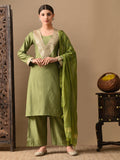Myshka Green Silk Blend Straight Round Neck Long Sleeves Kurta Trousers With Dupatta | Grocsy