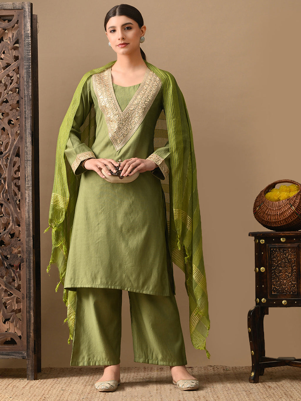 Myshka Green Silk Blend Straight Round Neck Long Sleeves Kurta Trousers With Dupatta | Grocsy