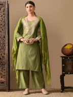 Myshka Green Silk Blend Straight Round Neck Long Sleeves Kurta Trousers With Dupatta | Grocsy