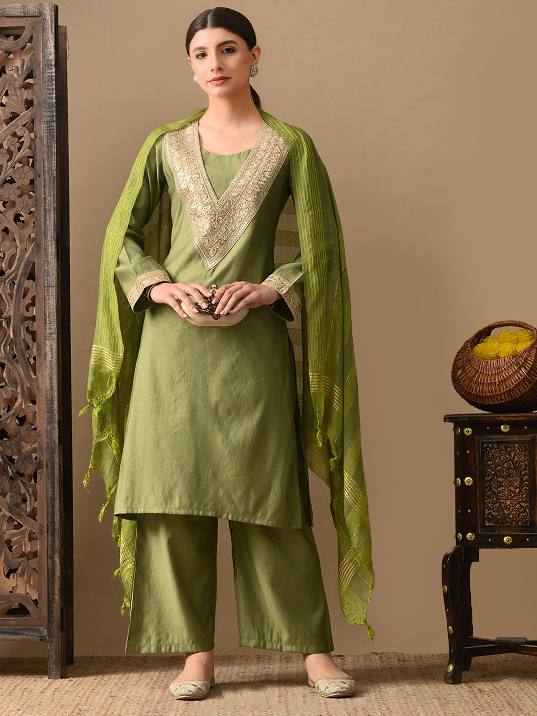 Myshka Green Silk Blend Straight Round Neck Long Sleeves Kurta Trousers With Dupatta | Grocsy