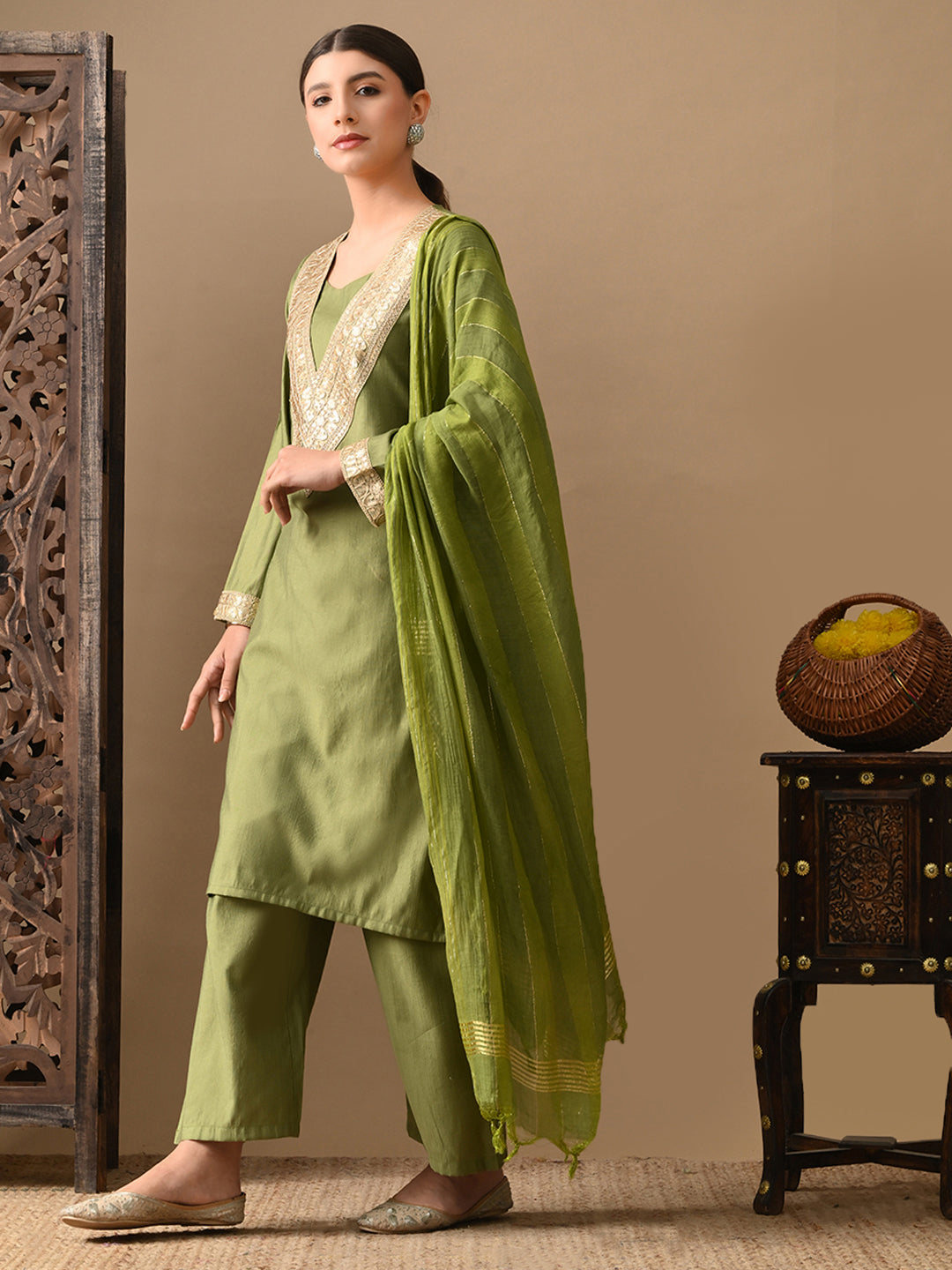 Myshka Green Silk Blend Straight Round Neck Long Sleeves Kurta Trousers With Dupatta | Grocsy