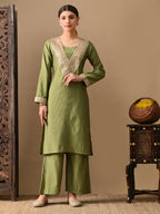 Myshka Green Silk Blend Straight Round Neck Long Sleeves Kurta Trousers With Dupatta | Grocsy
