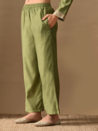 Myshka Green Silk Blend Straight Round Neck Long Sleeves Kurta Trousers With Dupatta | Grocsy