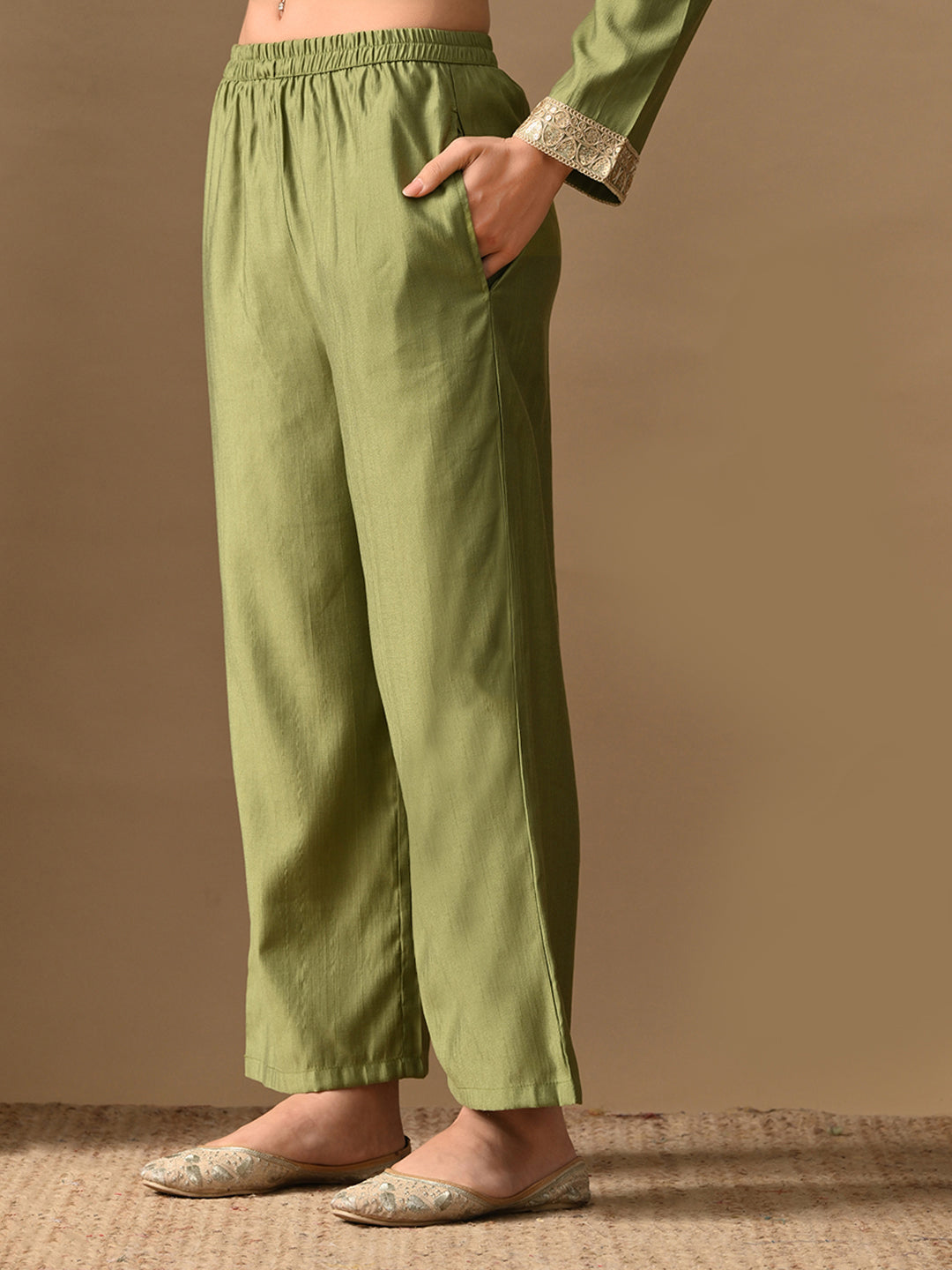 Myshka Green Silk Blend Straight Round Neck Long Sleeves Kurta Trousers With Dupatta | Grocsy