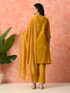 Myshka Musturd Silk Blend Straight V-Neck Three-Quarter Sleeves Kurta Trousers With Dupatta | Grocsy