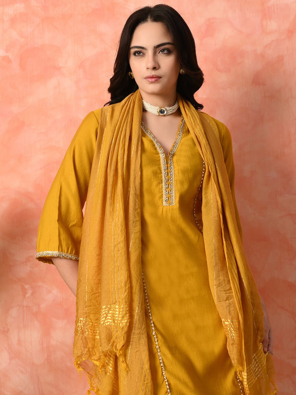 Myshka Musturd Silk Blend Straight V-Neck Three-Quarter Sleeves Kurta Trousers With Dupatta | Grocsy