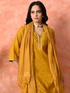 Myshka Musturd Silk Blend Straight V-Neck Three-Quarter Sleeves Kurta Trousers With Dupatta | Grocsy