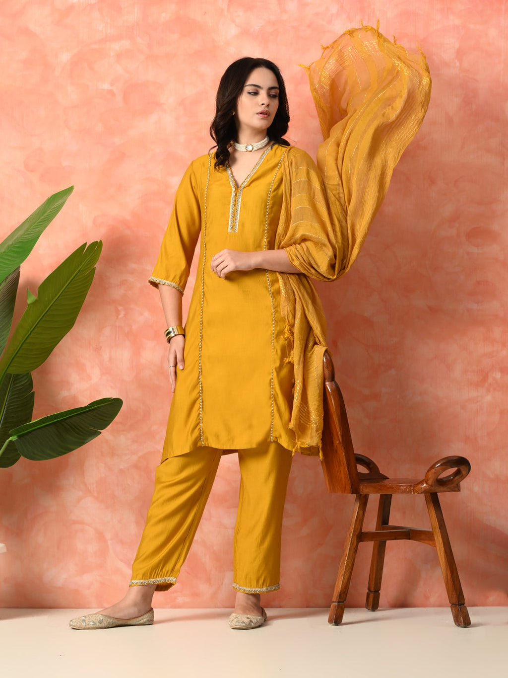 Myshka Musturd Silk Blend Straight V-Neck Three-Quarter Sleeves Kurta Trousers With Dupatta | Grocsy