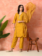 Myshka Musturd Silk Blend Straight V-Neck Three-Quarter Sleeves Kurta Trousers With Dupatta | Grocsy