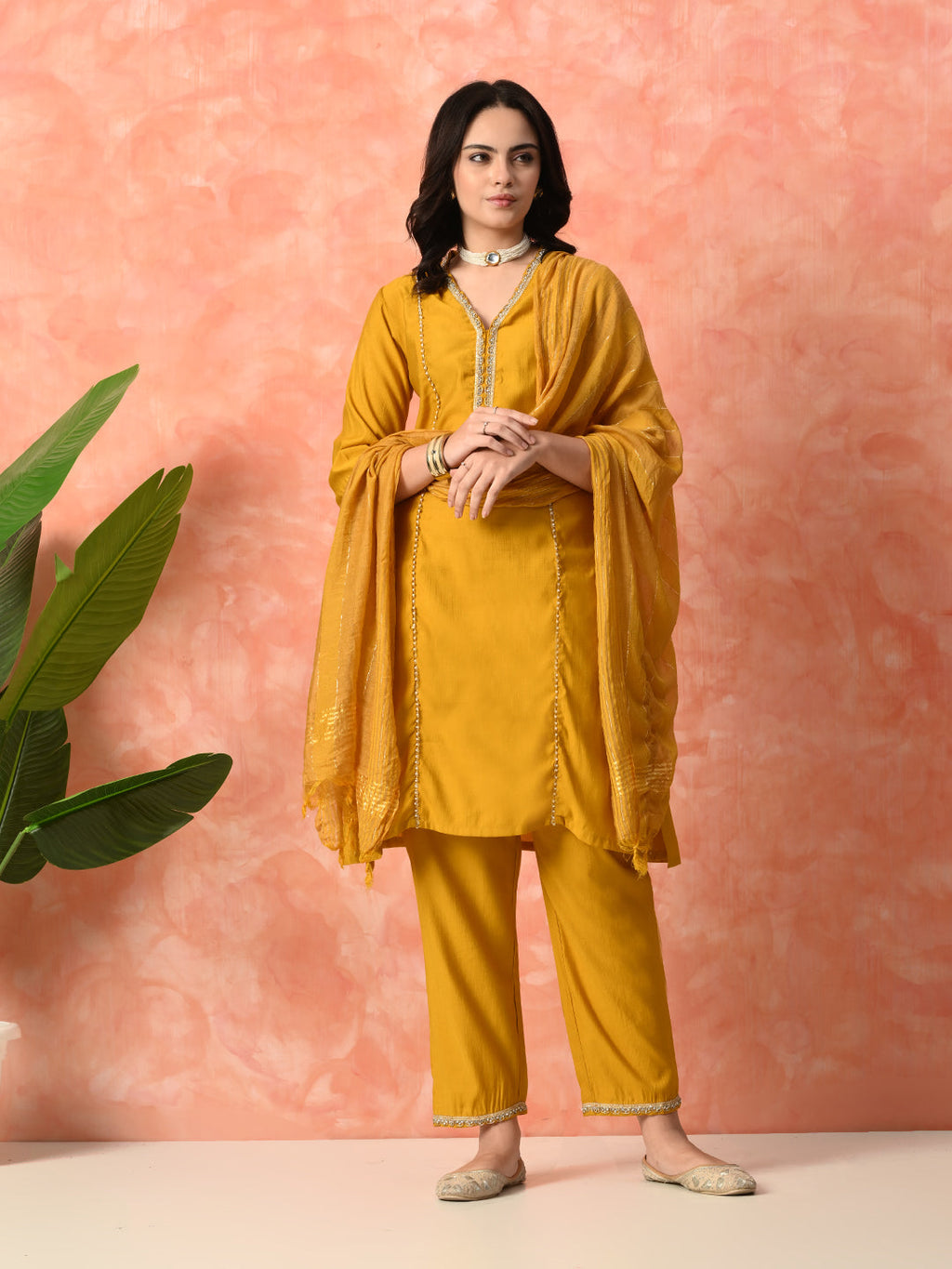 Myshka Musturd Silk Blend Straight V-Neck Three-Quarter Sleeves Kurta Trousers With Dupatta | Grocsy