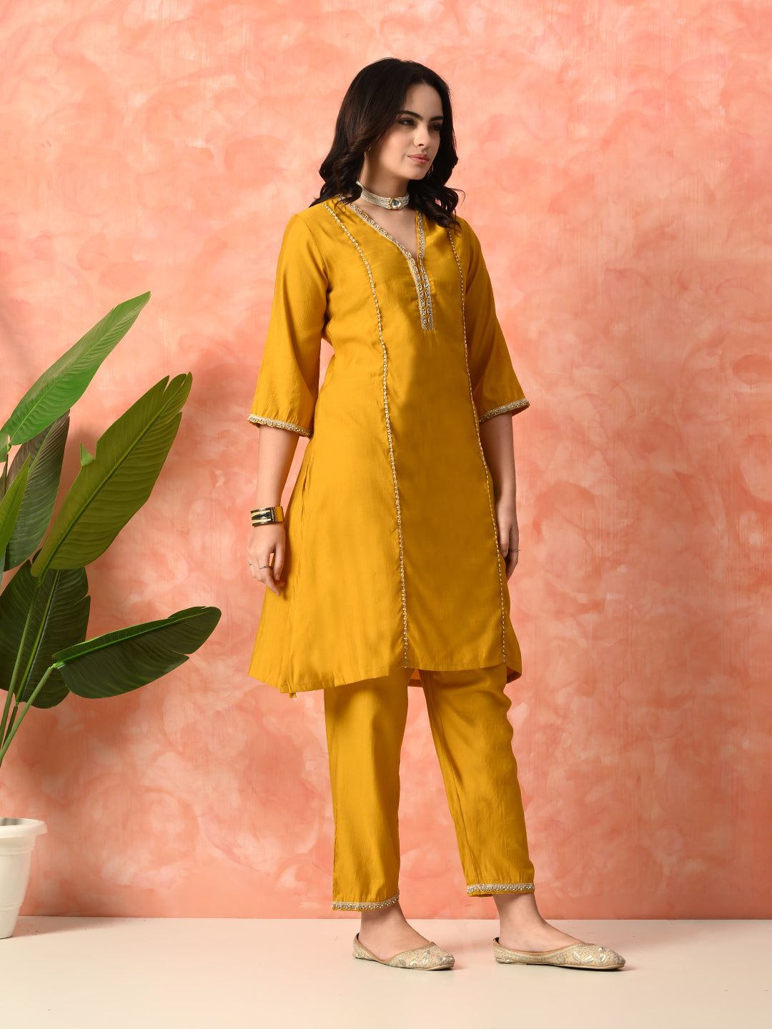 Myshka Musturd Silk Blend Straight V-Neck Three-Quarter Sleeves Kurta Trousers With Dupatta | Grocsy