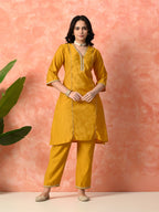 Myshka Musturd Silk Blend Straight V-Neck Three-Quarter Sleeves Kurta Trousers With Dupatta | Grocsy